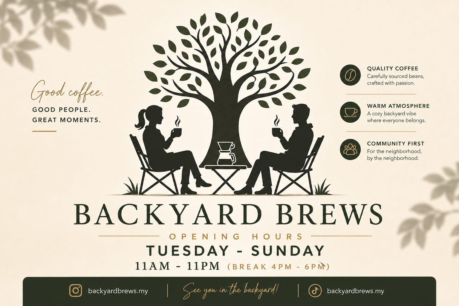 Backyard Brews — two friends sharing coffee under a tree in the backyard